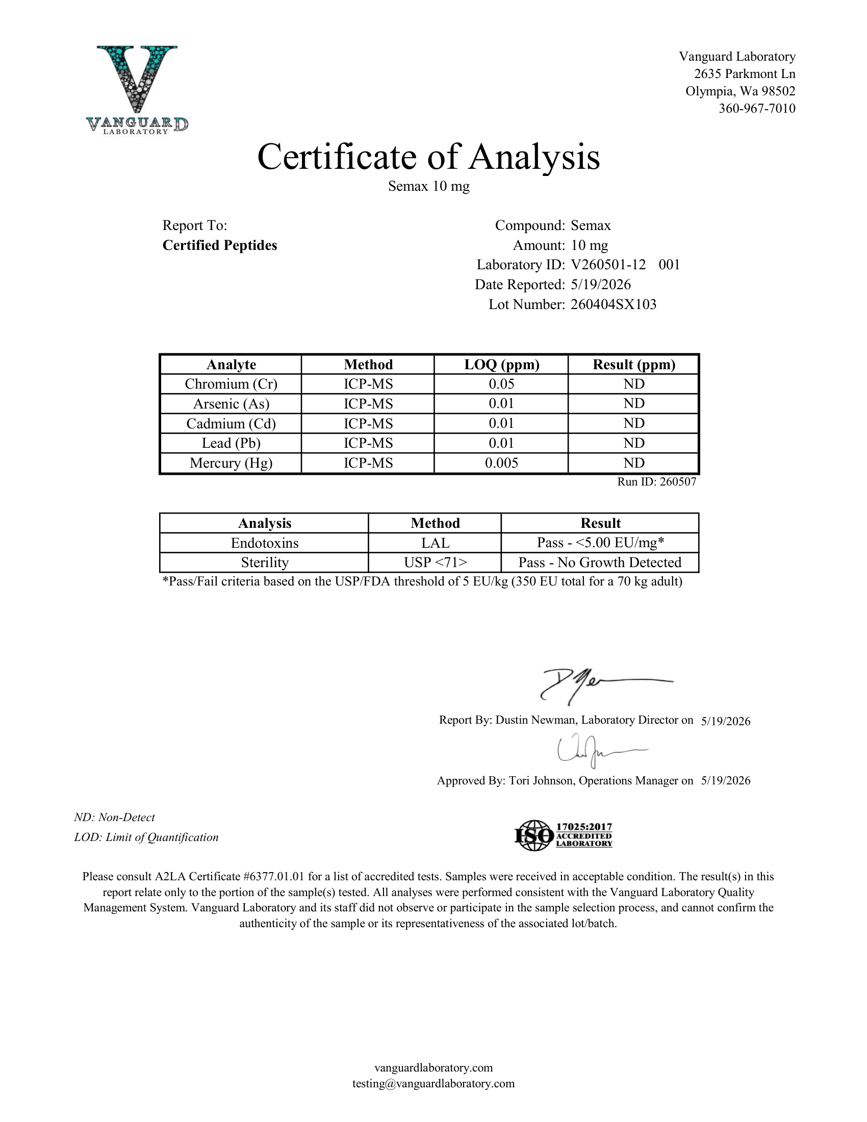 SEMAX 10MG Contaminant