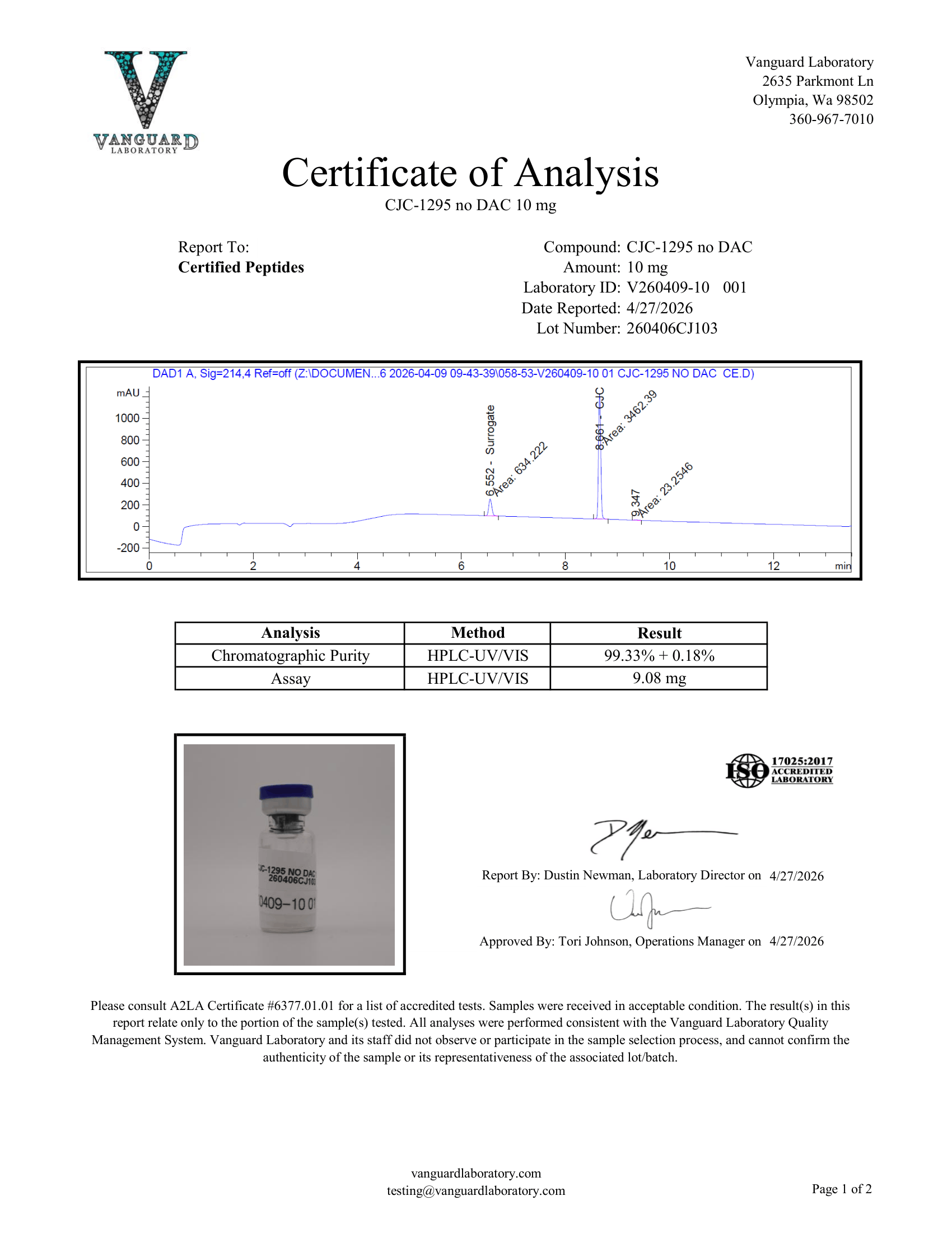 CJC 1295 NO DAC 10MG COA