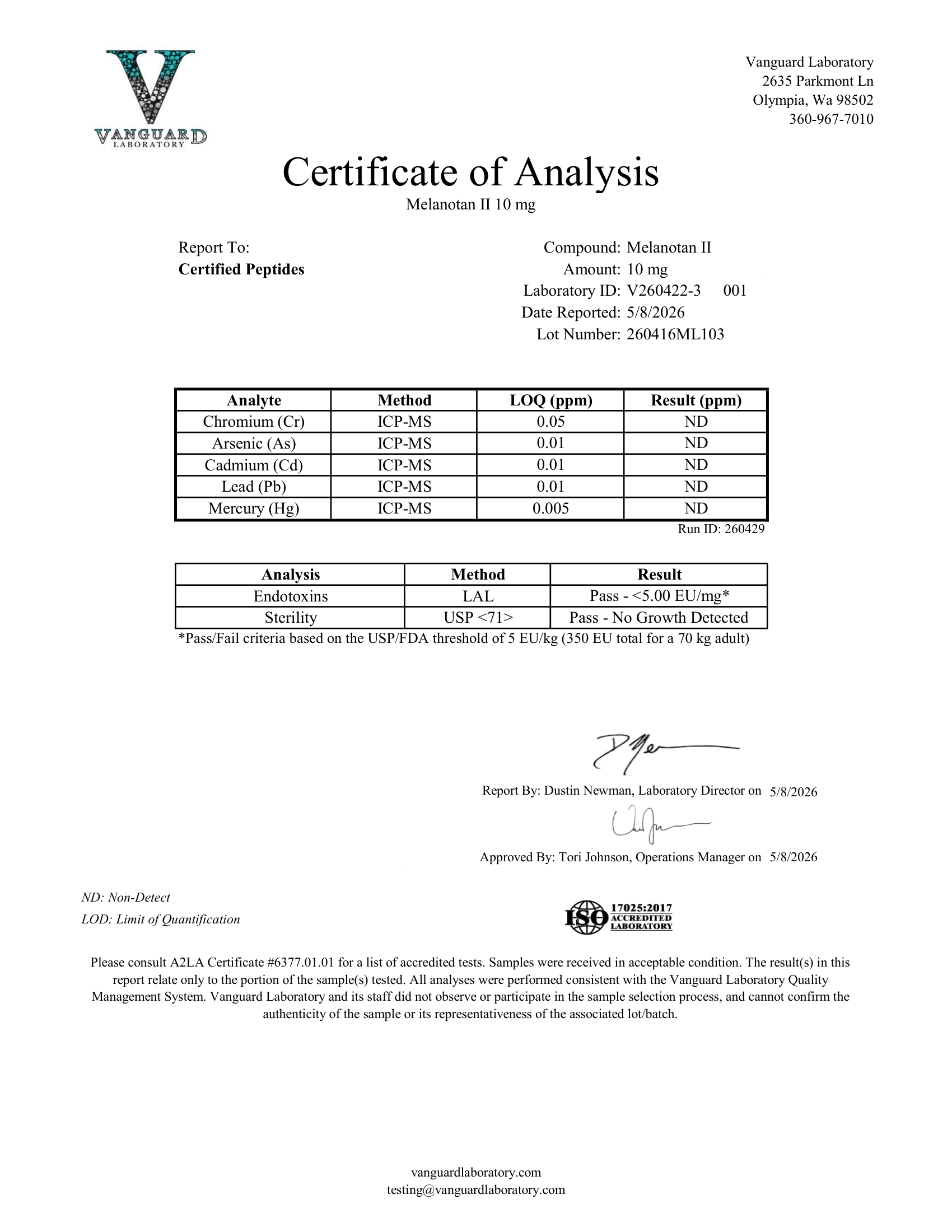 MELANOTAN 10MG Contaminant
